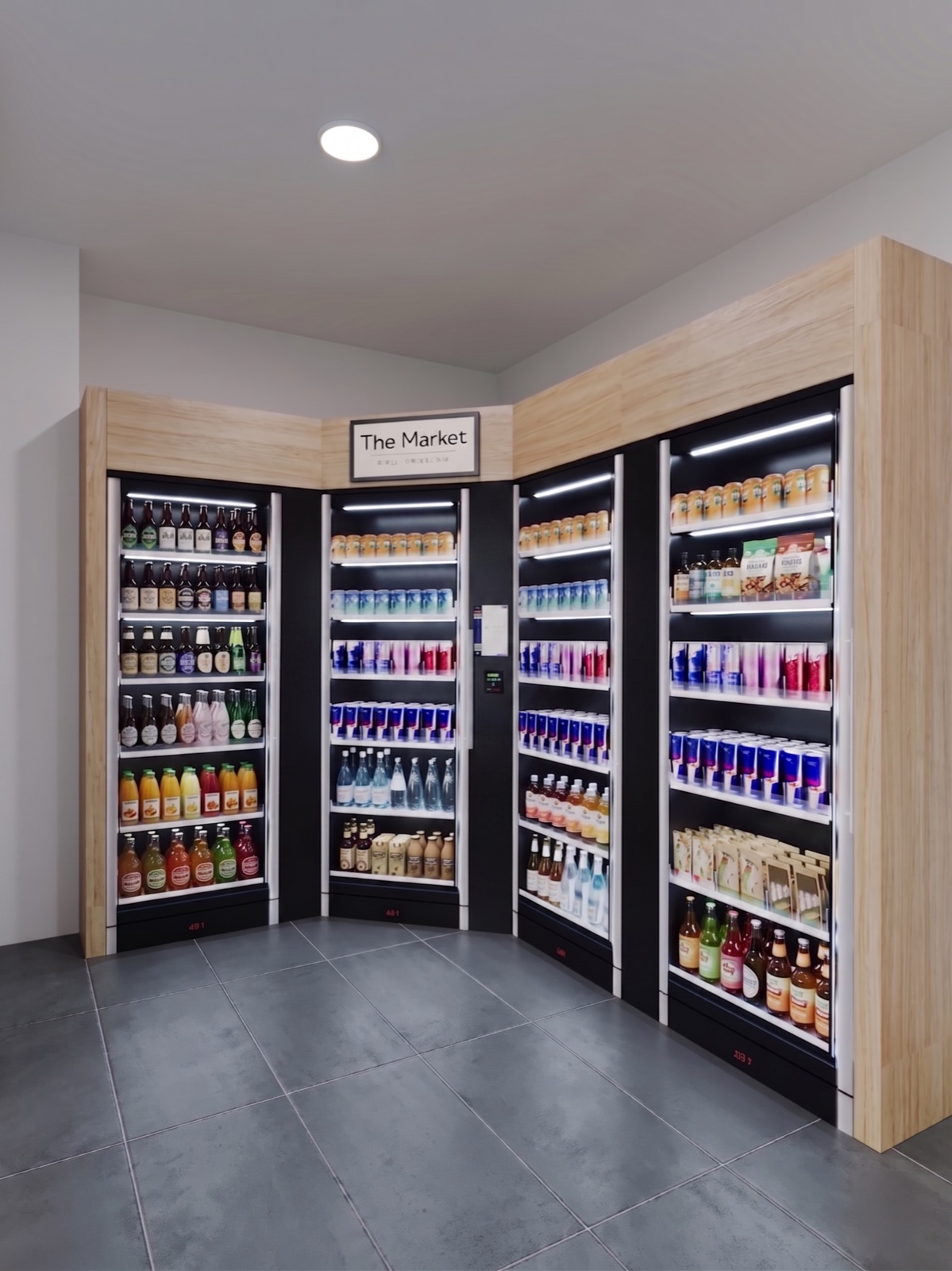Rendering of an ETC self-service market — a corner of illuminated glass coolers stocked with drinks and essentials, framed in warm wood with a 'The Market' sign.